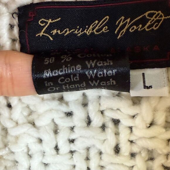 Invisible World Mens L Zip-Front Cardigan Sweater Chunky Knit Fisherman Ivory - Picture 6 of 11